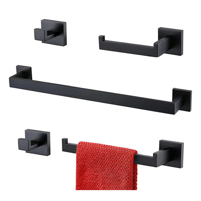 VITELER Matte Black 5-Piece Bathroom Towel Bar Set- Square Holders ...